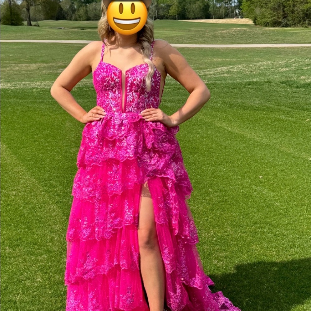 Vibrant Pink Lace Tiered Gown